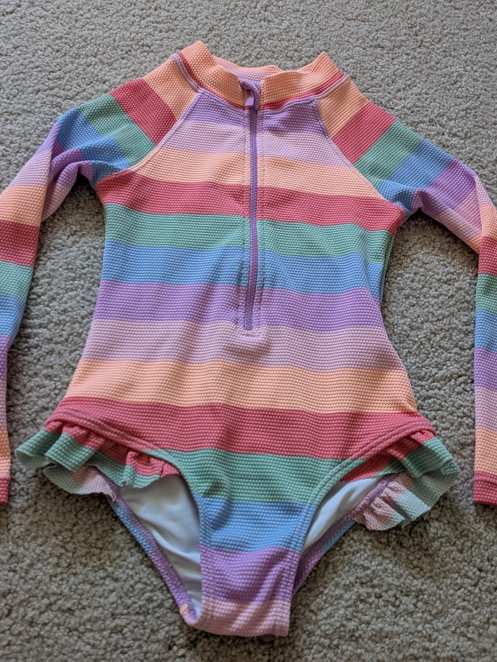 Girls' Long-Sleeve Pastel Rainbow Stripe One-Piece Swimsuit
